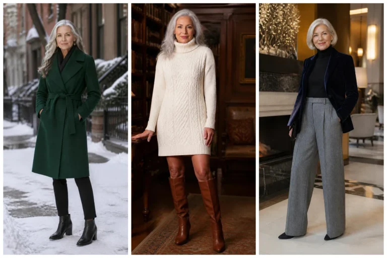 Three winter outfits for women over 60: green belted coat, cream sweater dress with boots, velvet blazer with wide-leg trousers